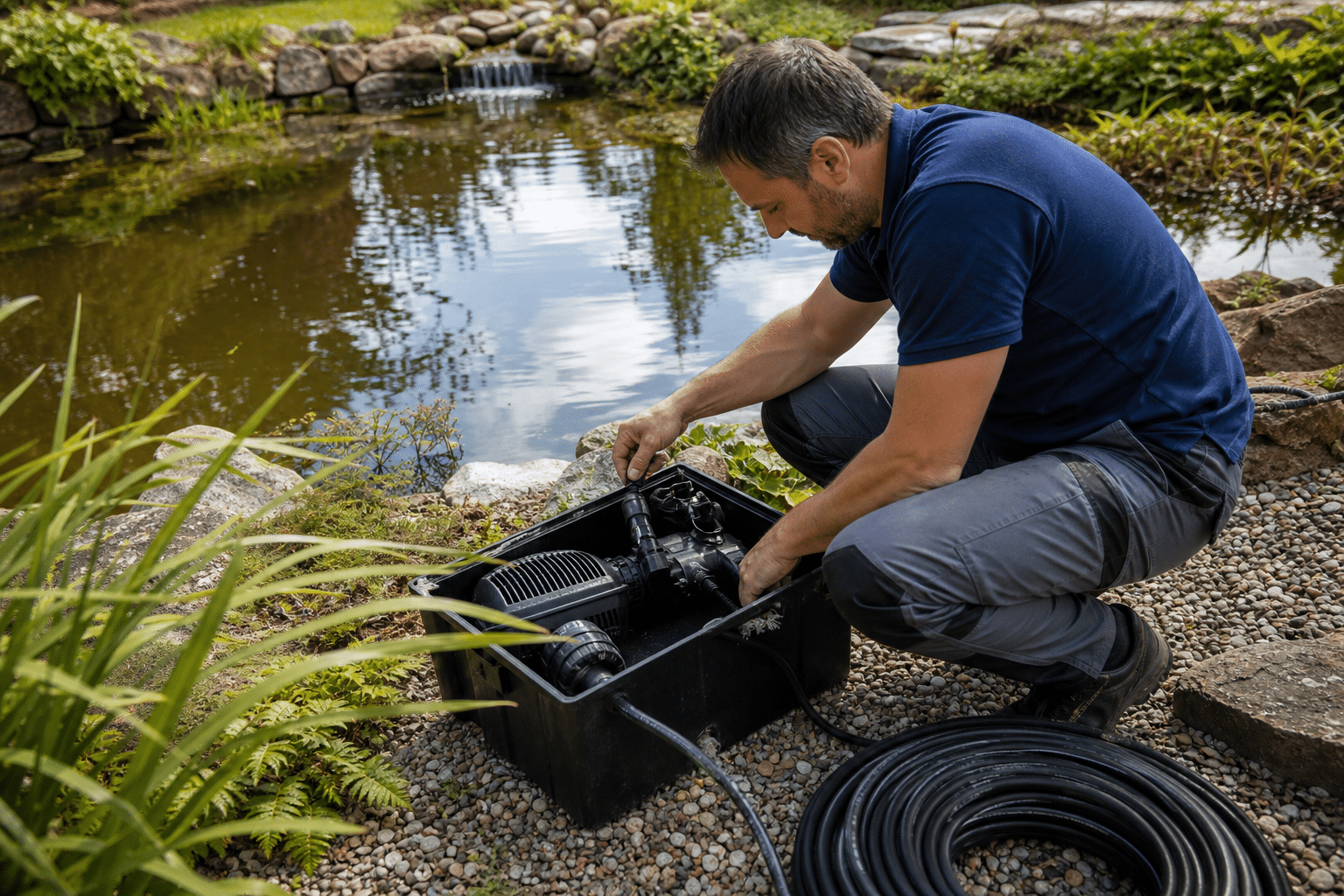 Homme agenouillé réglant une pompe de bassin